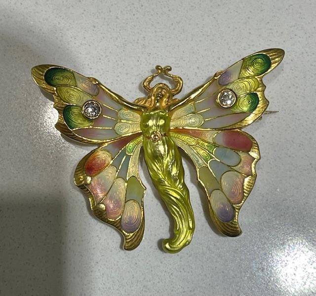 Art Nouveau .30ct Diamond Plique-a-Jour Enamel Woman Butterfly Brooch/Pendant (A