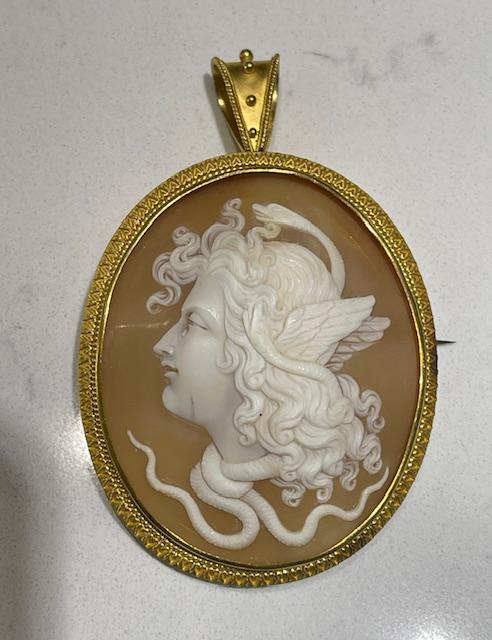 Victorian 15KY Carved Medusa Shell Cameo Pendant (Antique 1870s) 27.80g 3.25"