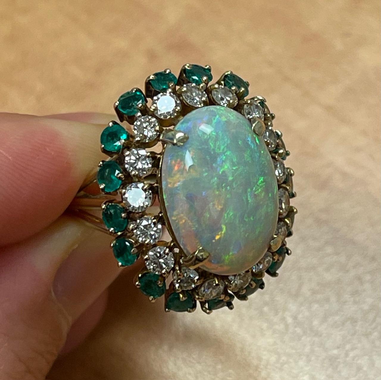 7.50ct Australian Opal 1.90ct Diamond 1.60ct Emerald 14KY Ring (Vintage 1960s)