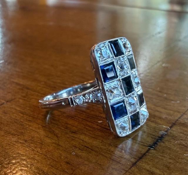 1.40ct Old Mine Diamond 1.60ct Sapphires PT Handmade Ring