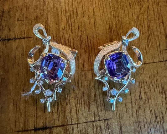 6ct Amethyst 18KY Earrings (Vintage 1970s) .56ct Diamond 13.80g