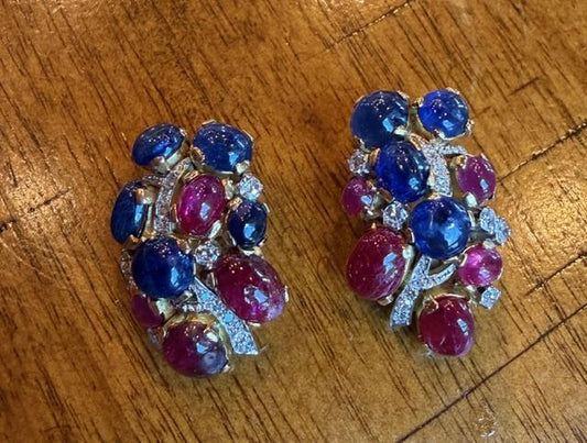 10ct Ruby 12ct Sapphire 1.70ct Diamond PT+18KY Earrings (Vintage 1950s)
