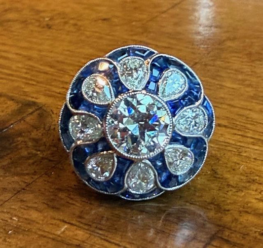 1.75ct I-J SI3 Old European Cut Diamond Platinum Handmade Ring 4.75ct Sapphires