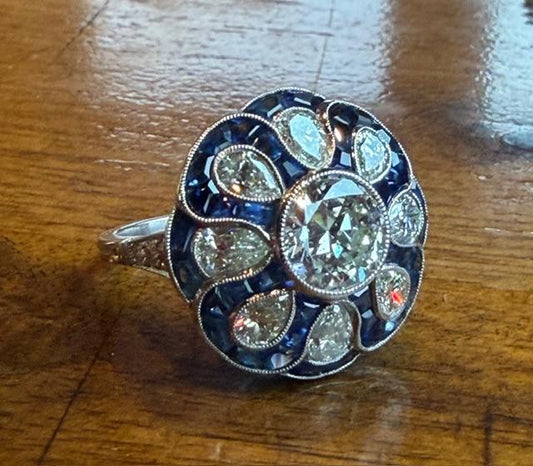 1.75ct I-J SI3 Old European Cut Diamond Platinum Handmade Ring 4.75ct Sapphires