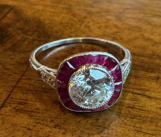 1.52ct H-I SI Round Diamond Handmade Platinum Ring 1.40ct French-cut Ruby