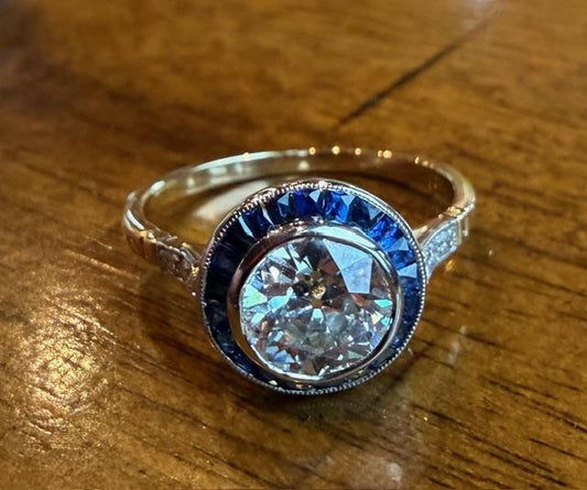 1.31ct H-I SI3 Old European Diamond PT Handmade Ring .72ct French-cut Sapphires