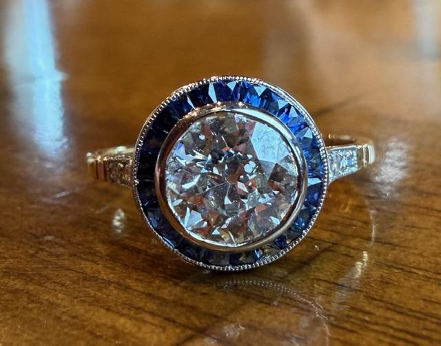 1.31ct H-I SI3 Old European Diamond PT Handmade Ring .72ct French-cut Sapphires