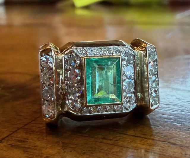 Retro 1ct Emerald 1.20ct Single-cut Diamond 18KY Ring (Vintage 1940s)