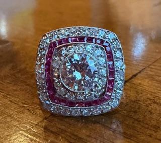 1ct (G-H SI) Transitional Diamond Platinum Handmade Ring 1.10ct Rubies