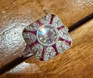 .96ct (H-I VS) Round Diamond Platinum Handmade Ring .84ctFrench-cut Rubies .66ct