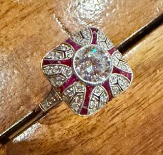 .96ct (H-I VS) Round Diamond Platinum Handmade Ring .84ctFrench-cut Rubies .66ct