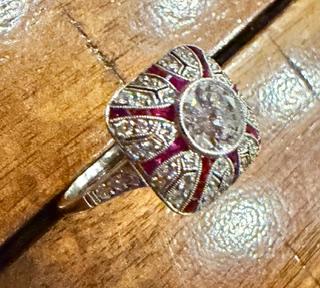 .96ct (H-I VS) Round Diamond Platinum Handmade Ring .84ctFrench-cut Rubies .66ct