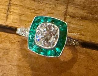 .81ct (I-J VS) Old Mine Diamond 1.20ct Emerald Platinum Handmade Ring