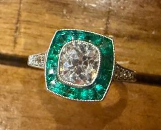 .81ct (I-J VS) Old Mine Diamond 1.20ct Emerald Platinum Handmade Ring