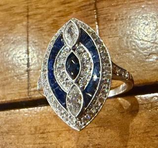 .42ct Antique Marquise Diamond 1.30ct Sapphire Platinum Handmade Ring