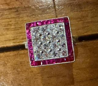 1.34ct (F-G VS) French-cut Diamond Platinum Handmade Ring 1.26ct French-cut Ruby