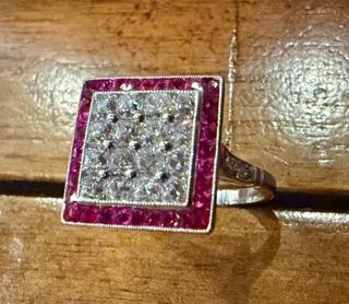 1.34ct (F-G VS) French-cut Diamond Platinum Handmade Ring 1.26ct French-cut Ruby