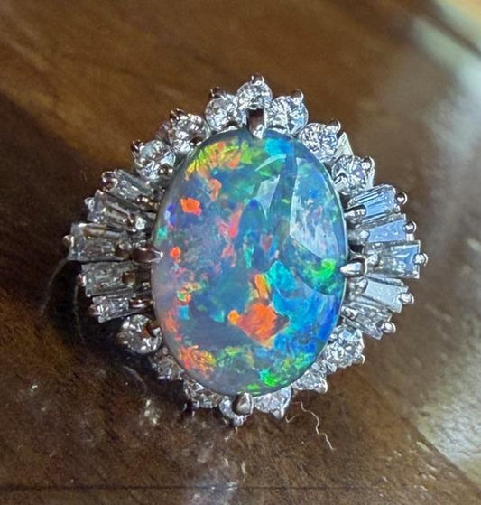 2.27ct Australian Black Opal .84ct Diamond Platinum Ring
