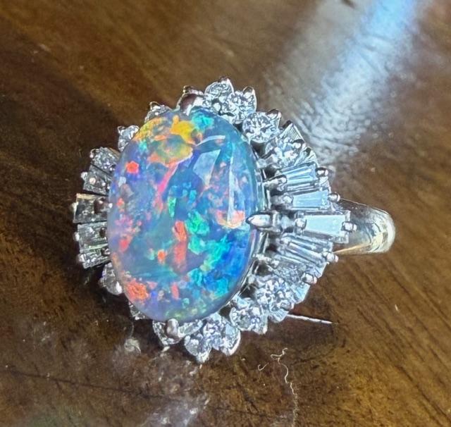 2.27ct Australian Black Opal .84ct Diamond Platinum Ring