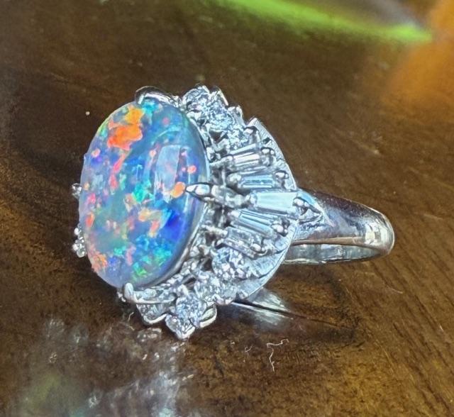 2.27ct Australian Black Opal .84ct Diamond Platinum Ring
