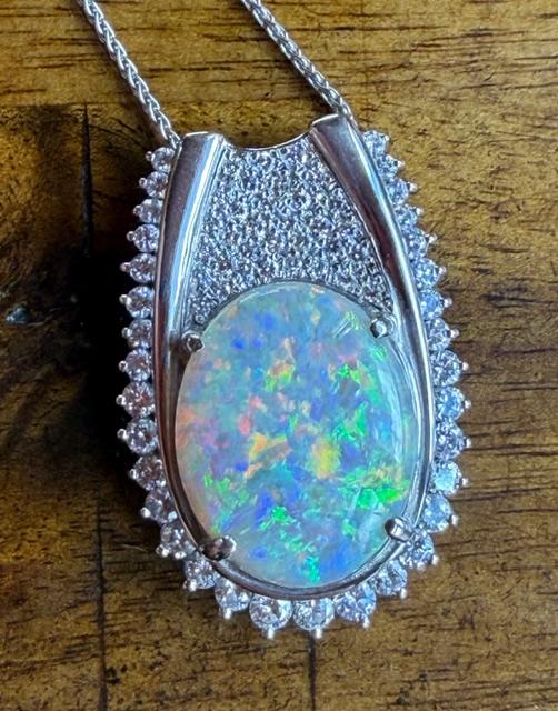 9.58ct Australian Crystal Opal Platinum Pendant 1.78ct Diamond 17.99g