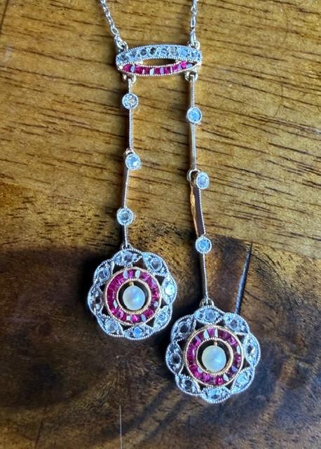Original Edwardian .75ct Diamond + Natural Pearl PT+18KY Pendant (Antique 1900s)