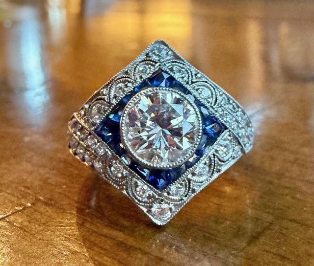 1.20ct Round Diamond Platinum Handmade Ring 1.20ct Sapphire .72ct SD 6.33g