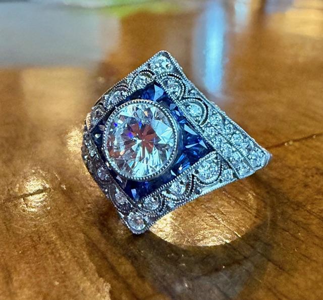 1.20ct Round Diamond Platinum Handmade Ring 1.20ct Sapphire .72ct SD 6.33g