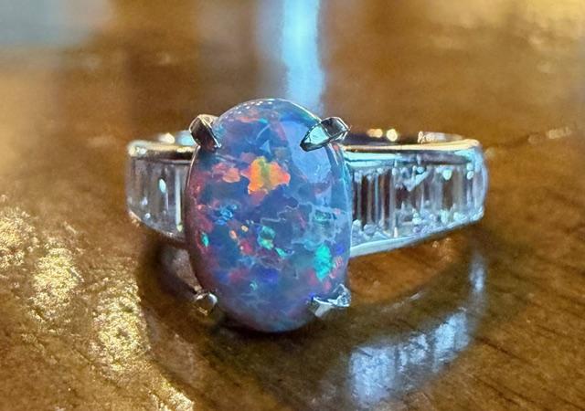 2.02ct Australian Opal Platinum Ring 1.43ct Baguette Diamond