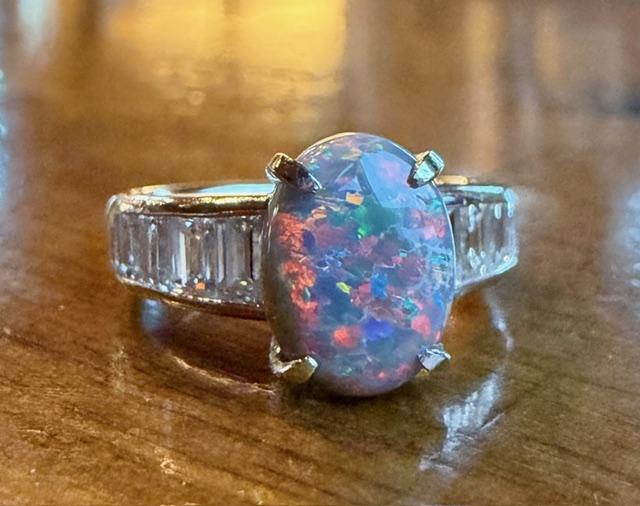 2.02ct Australian Opal Platinum Ring 1.43ct Baguette Diamond
