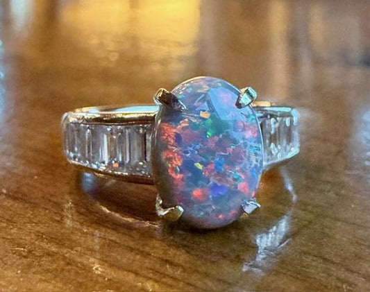 2.02ct Australian Opal Platinum Ring 1.43ct Baguette Diamond