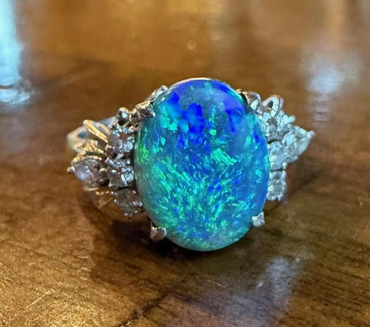 2.72ct Australian Black Opal Platinum Ring .30ct Diamond 6g