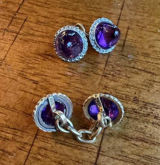Original Edwardian 12ct Cabochon Amethyst Platinum+18KY Cufflinks