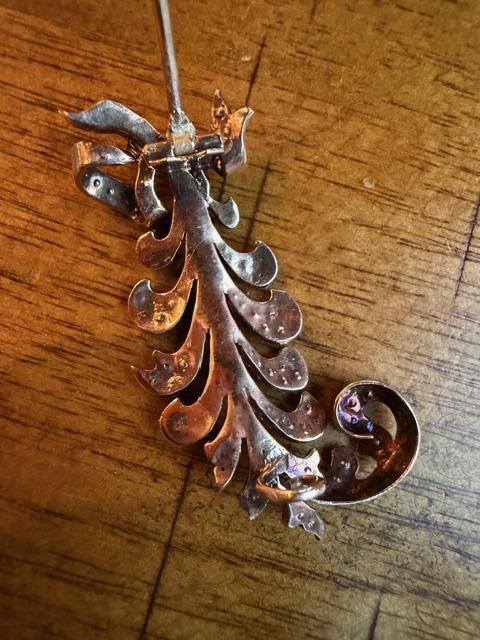 Original Victorian 3ct (102 Rose-cut Diamonds) 14KY Plume Brooch (Antique 1860s)