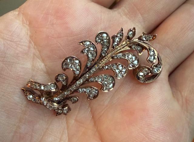 Original Victorian 3ct (102 Rose-cut Diamonds) 14KY Plume Brooch (Antique 1860s)