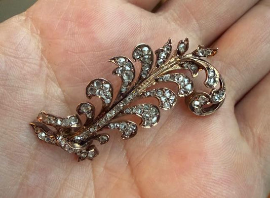 Original Victorian 3ct (102 Rose-cut Diamonds) 14KY Plume Brooch (Antique 1860s)