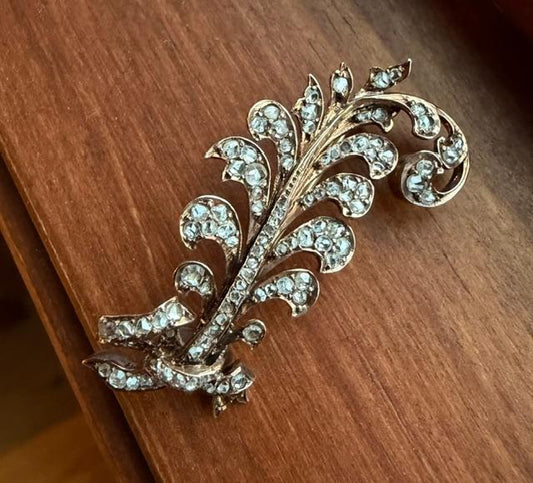 Original Victorian 3ct (102 Rose-cut Diamonds) 14KY Plume Brooch (Antique 1860s)