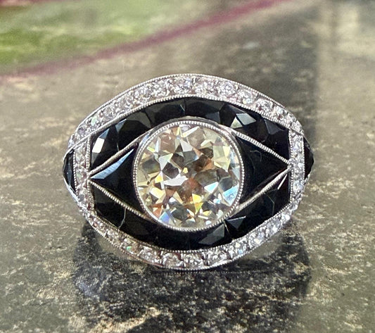 2.01ct (K-L VS) Old European Diamond 2.50ct French-cut Onyx PT Handmade Ring