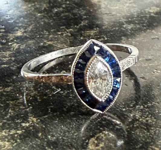 .37ct Marquise Diamond .32ct Sapphire plaitnum Handmade Ring
