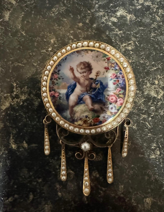 Original Victorian Enamel and Hand Painted Cherub with sea pearl 14KY Brooch