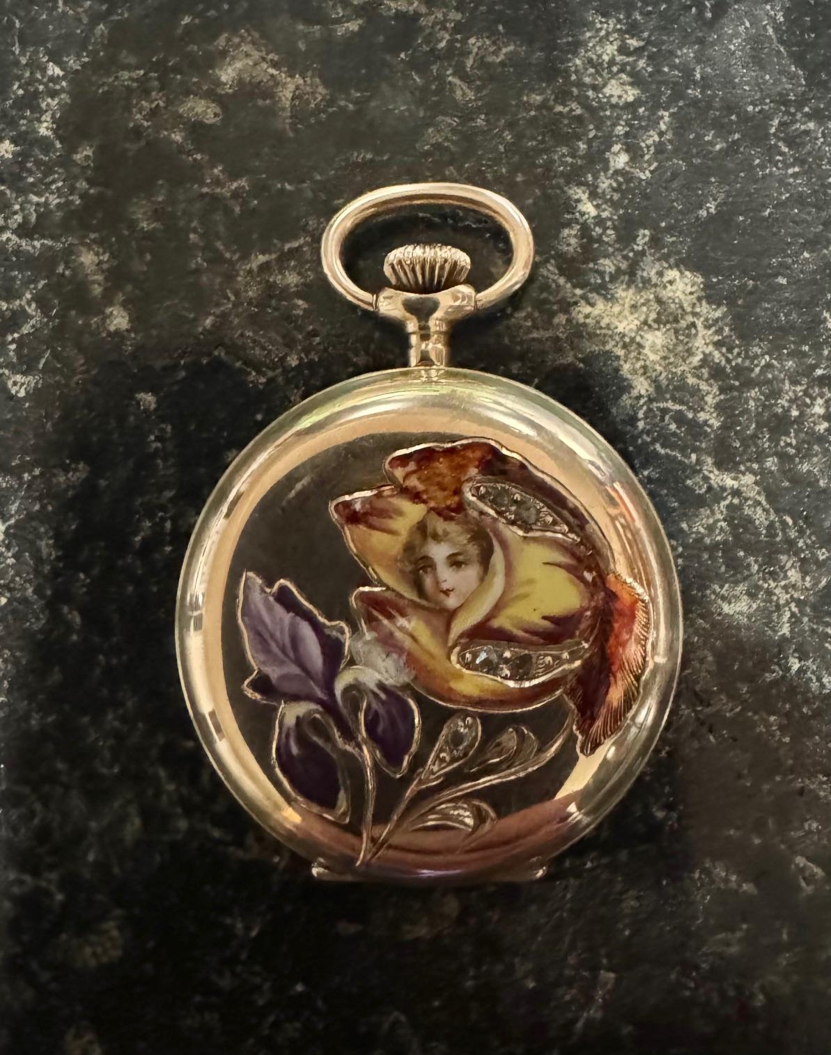 Art Nouveau Enamel Lady Wrapped in a Flower 14KY Watch/Pendant (Antique 1890s)