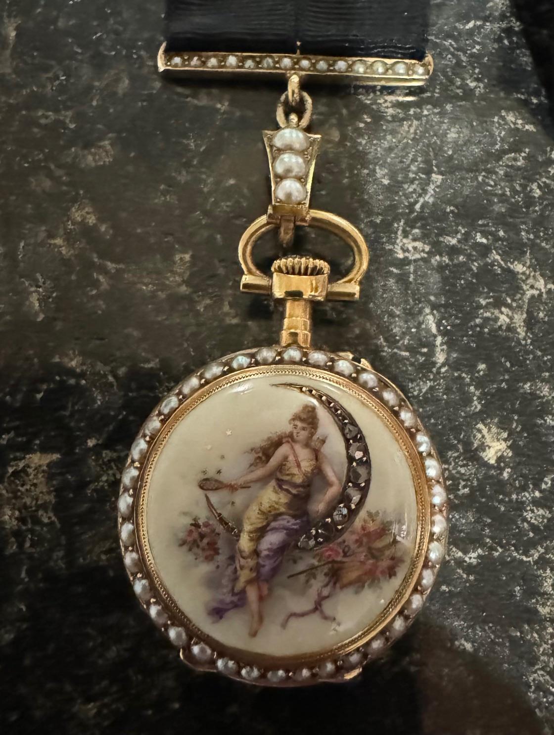 Original Victorian Enamel Lady on a Crescent Moon 14KY Watch/Necklace/Pendant