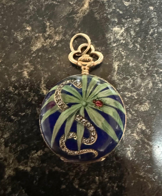 Original Art Nouveau Enamel Snake and Flower 14KY Watch/Pendant (Antique 1890s)