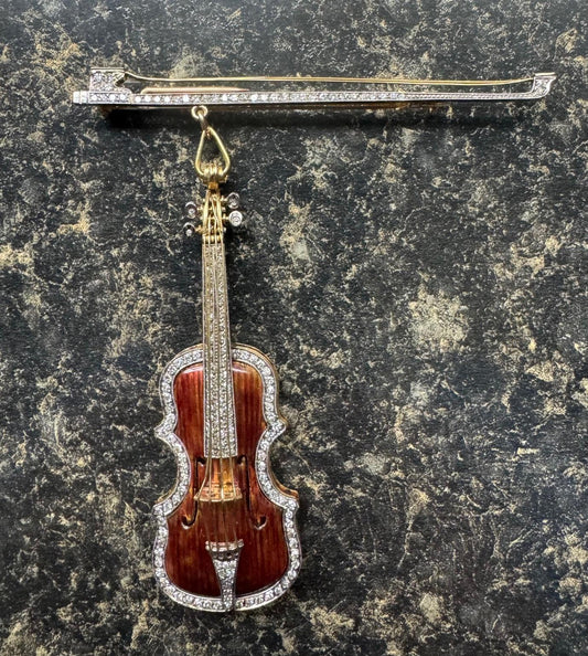 Edwardian 3.50ct Diamond and Enamel Violin 18K+PT Brooch (Antique 1900s) 24.70g