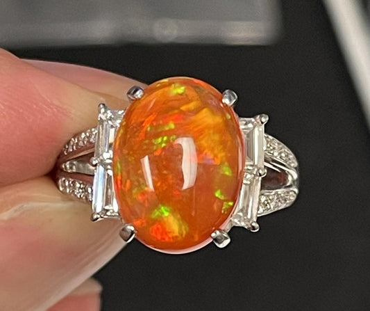 4.66ct Rare Mexican Jelly Opal .75ct Diamond Platinum Ring