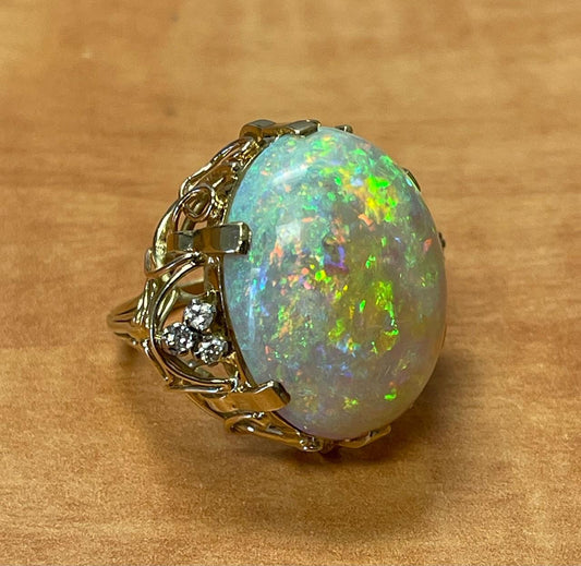 20ct Mintabe Australian Fire Opal .18ct Diamond 14KY Ring (Vintage 1960s)