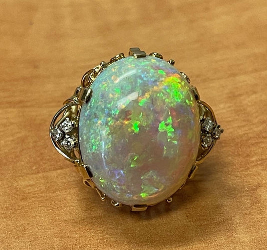 20ct Mintabe Australian Fire Opal .18ct Diamond 14KY Ring (Vintage 1960s)