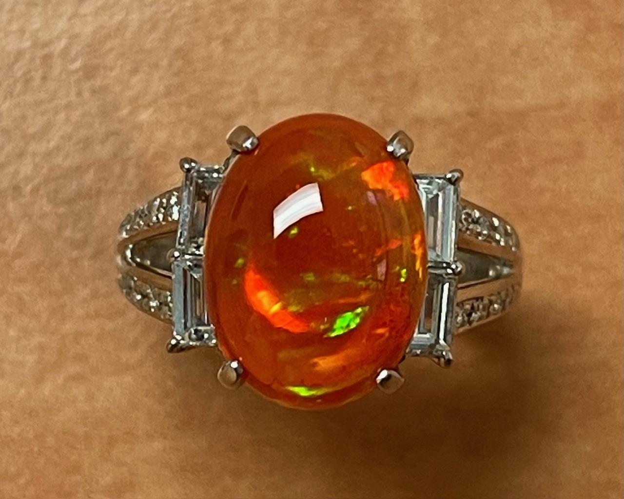 4.66ct Rare Mexican Jelly Opal .75ct Diamond Platinum Ring