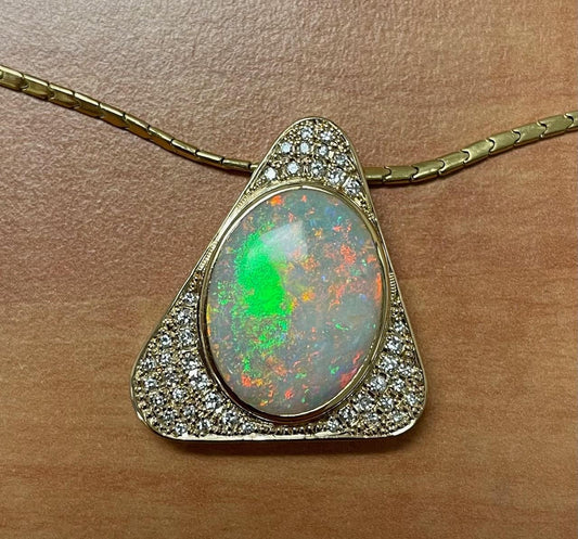 11.15ct Australian Opal .60ct Diamond 18KY Pendant (Estate 1970s)