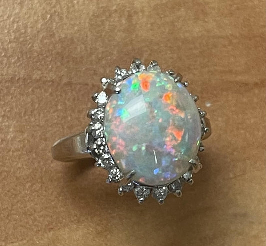 Estate  3.17ct Australian  Fire Opal &  0.48ctw Diamond PT Ring Circa 1970s